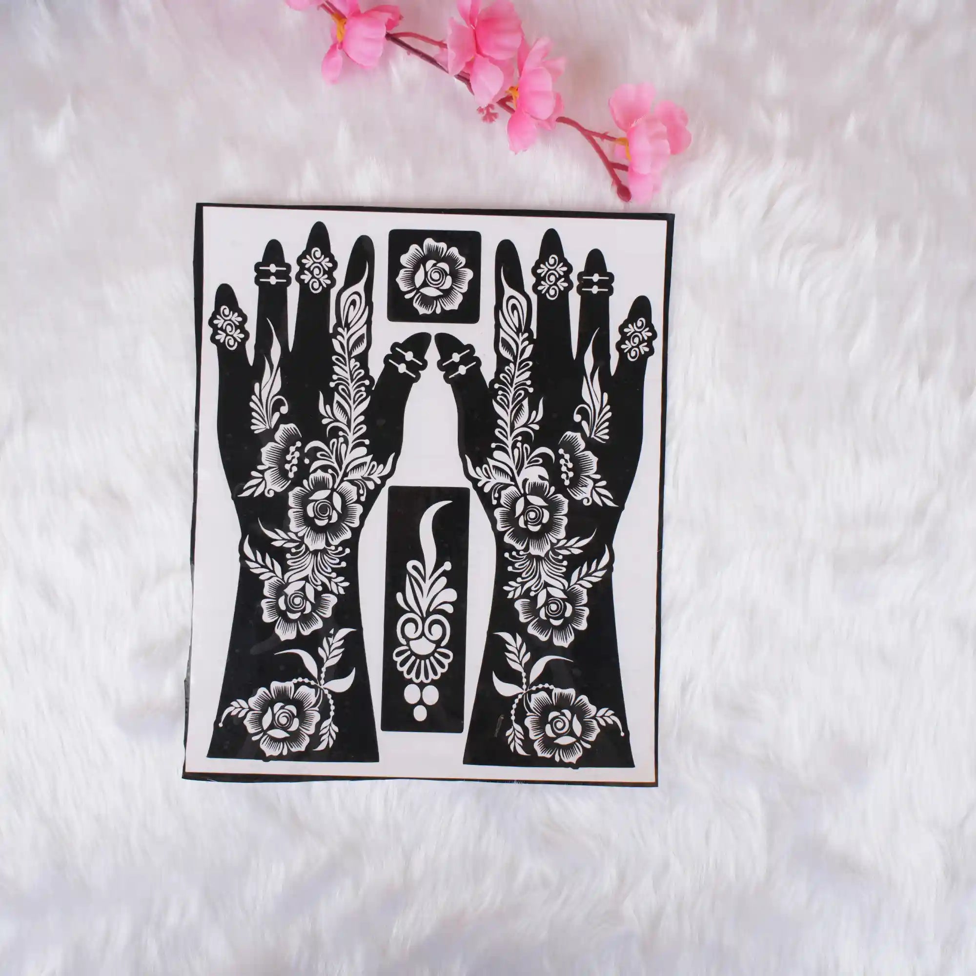 Mehendi Stencils with floral hand and finger designs for easy henna application, ideal for festive and bridal use in arts and crafts projects.
