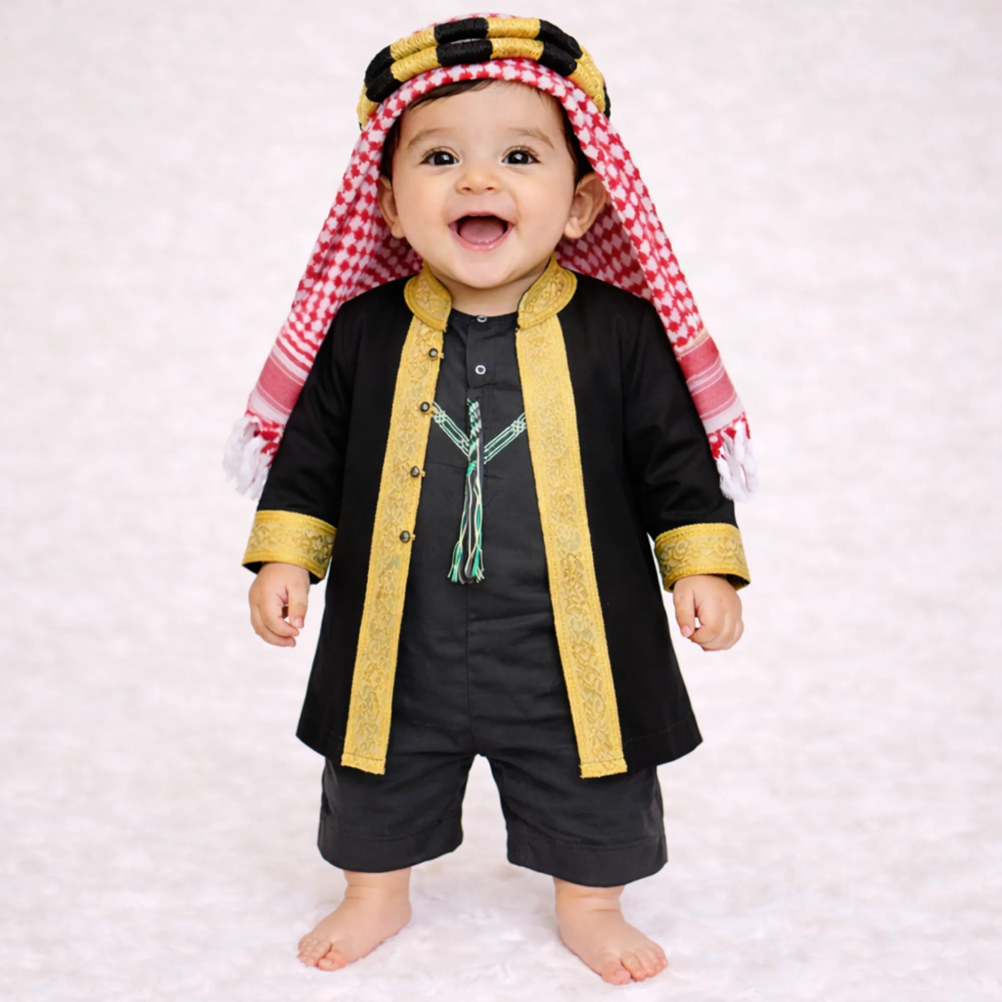 Baby boy in traditional black and gold Islamic outfit with red and white headscarf Main image