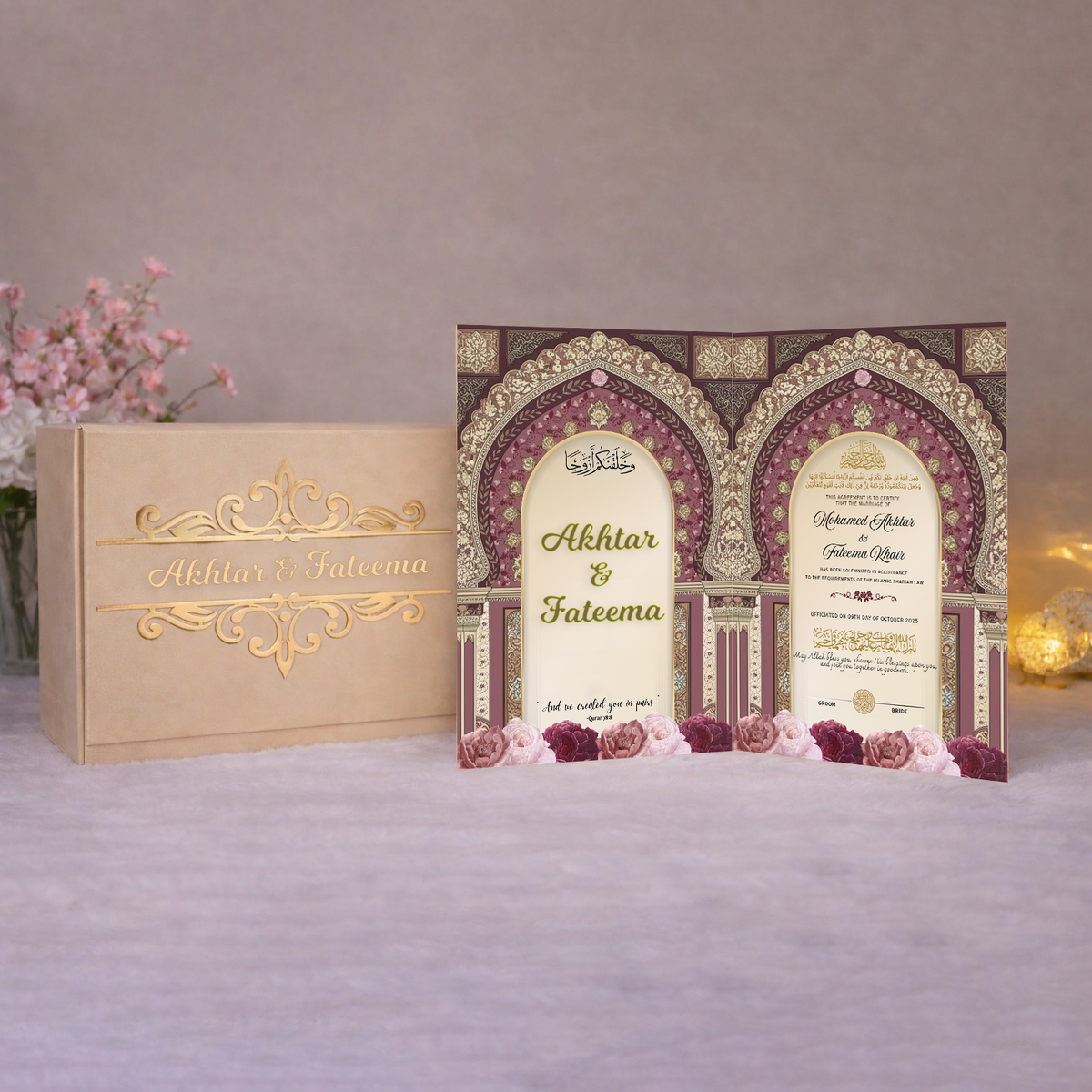 Nikah Nama Hamper with floral design and Islamic architecture