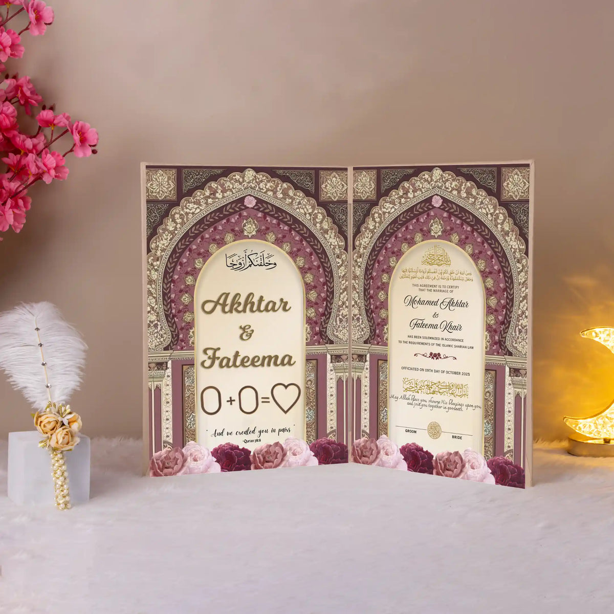 Meher-e-Zareen Nikah Nama with gold and maroon Islamic arch design, personalized for Akhtar & Fateema, ideal for wedding ceremony gifts.