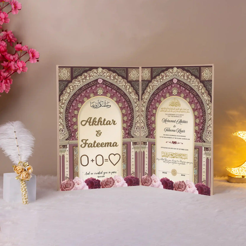 Meher-e-Zareen Nikah Nama with gold and maroon Islamic arch design, personalized for Akhtar & Fateema, ideal for wedding ceremony gifts. Main image