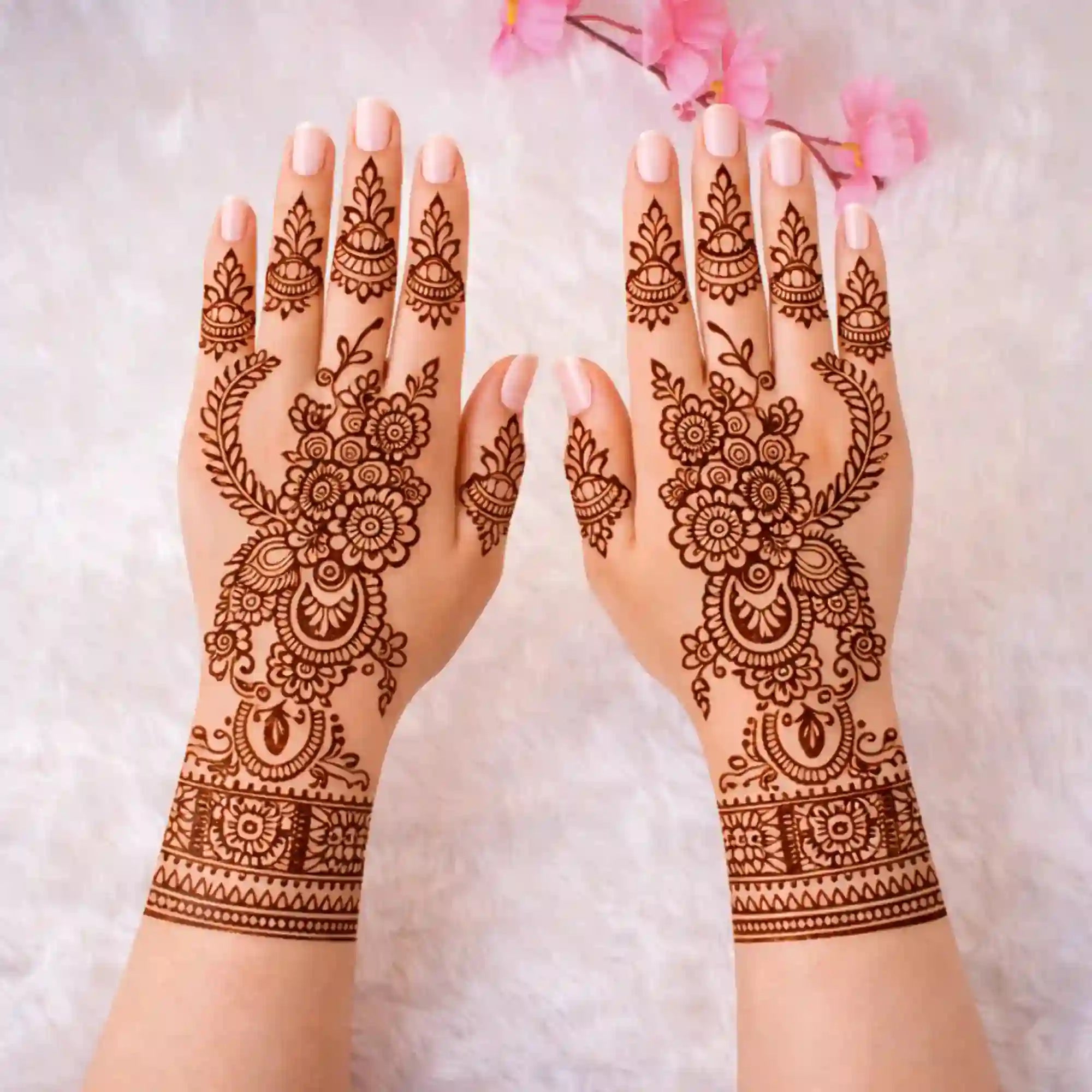 Intricate mehndi design on both hands using Nail Mehndi Cones - Pack of 12, showcasing rich stain and fine detailing for festive occasions.