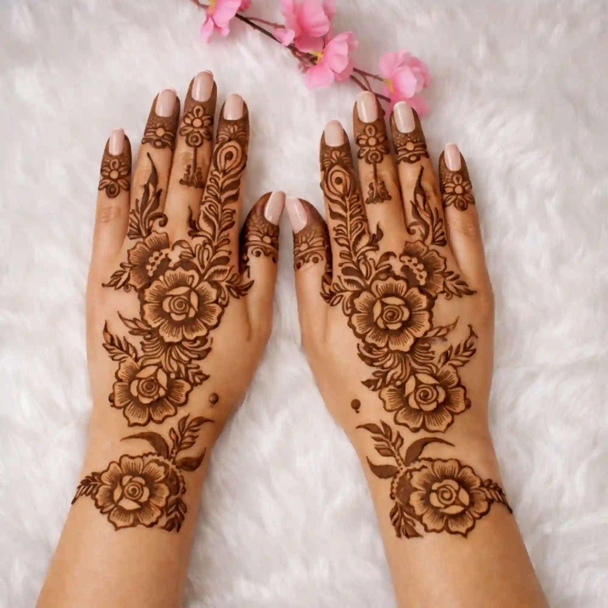 Intricate floral bridal mehndi design on hands using Hadiyah Gifting's natural mehndi cones, showcasing rich stain and fine detailing.
