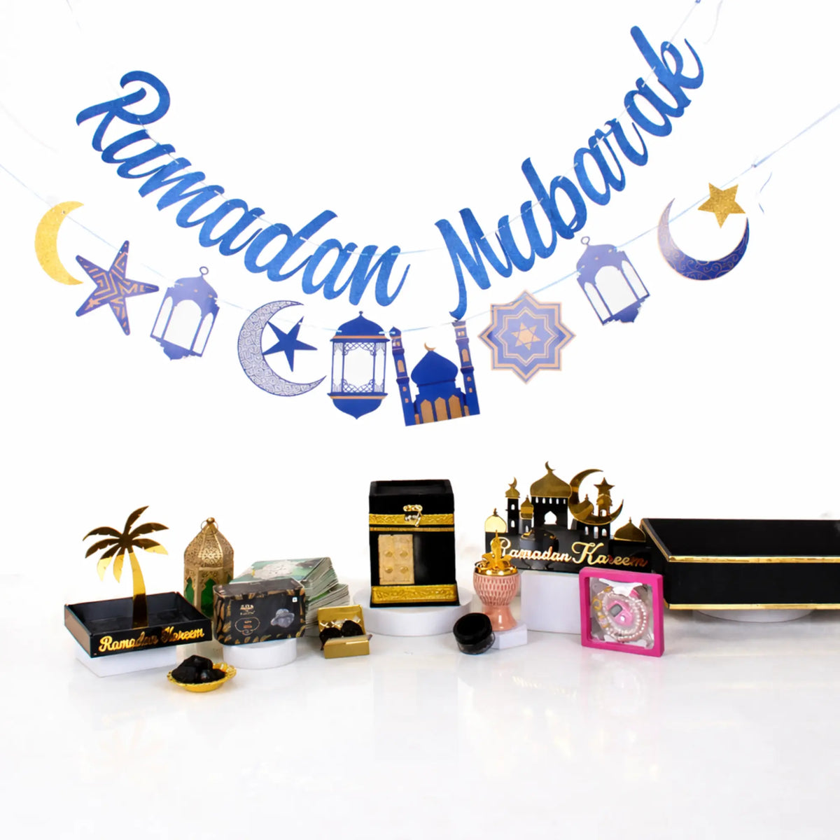 Ramadan Mubarak banner with lanterns and stars for celebration