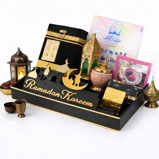 Ramadan gift box with decor, treats, and festive accents for celebration