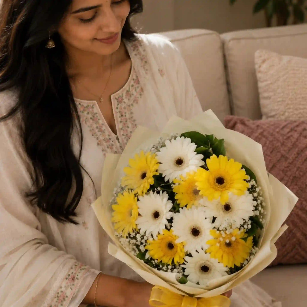 Mix Gerbera Flowers Bouquet — detail of the flowers and wrapping