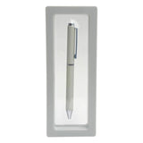 Silver pen in a clear display case on a white background