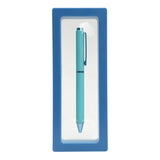 Turquoise pen in a blue box on a white background