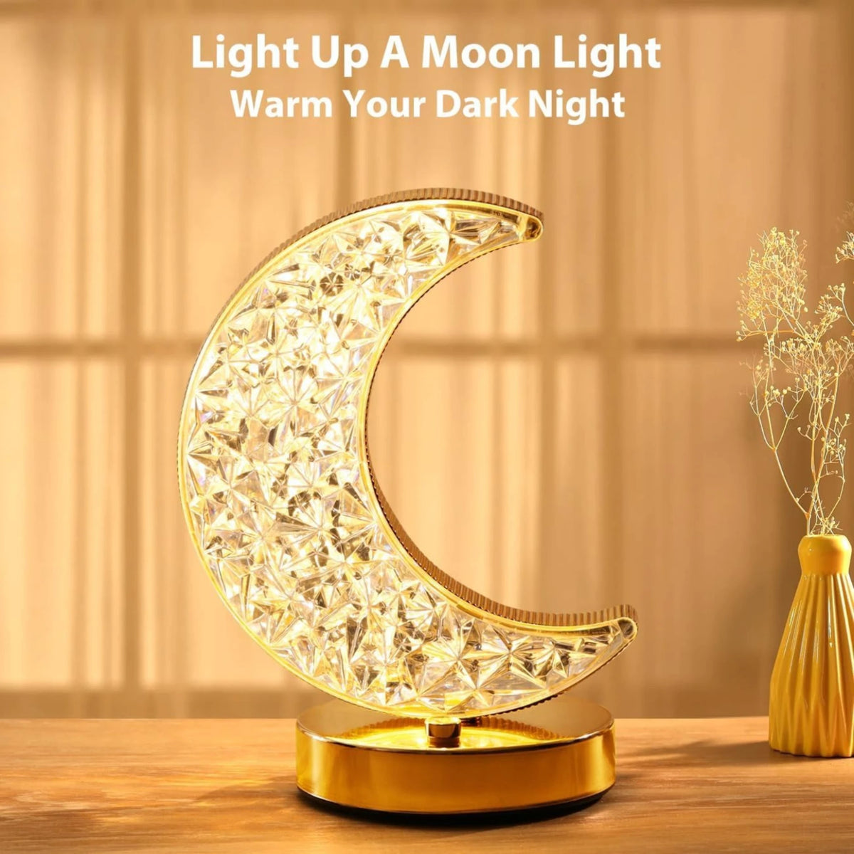 Crystal Touch Moon Lamp emitting warm light on a wooden surface, perfect for spiritual ambiance and Islamic gift occasions.