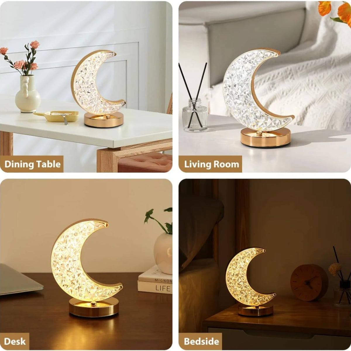 Crystal Touch Moon Lamp shown in various settings—desk, dining table, living room, and bedside—ideal for Ramadan and Eid home decor.