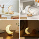 Crystal Touch Moon Lamp shown in various settings—desk, dining table, living room, and bedside—ideal for Ramadan and Eid home decor.
