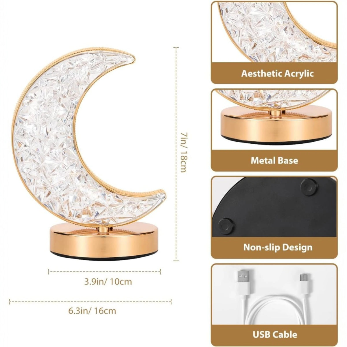 Crystal Touch Moon Lamp with size dimensions, USB cable, and non-slip base, ideal for gifting during Eid and home lighting use.
