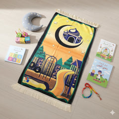Kids Prayer Mat - Personalized Mat | Janamaz for Kids with crescent moon, mosque, and playground design, surrounded by Islamic books and toys.