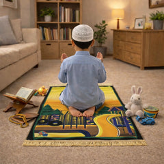Kids Prayer Mat - Personalized Mat | Janamaz for Kids featuring a boy praying on a scenic road and mosque print mat in a warm living space.