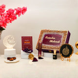 Mubarak Moments Ramadan Gift Box in purple velvet with tasbeeh, ittar, prayer book, and Ayatul Kursi frame. Perfect for Ramadan gifting.