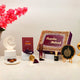 Mubarak Moments Ramadan Gift Box in purple velvet with tasbeeh, ittar, prayer book, and Ayatul Kursi frame. Perfect for Ramadan gifting.