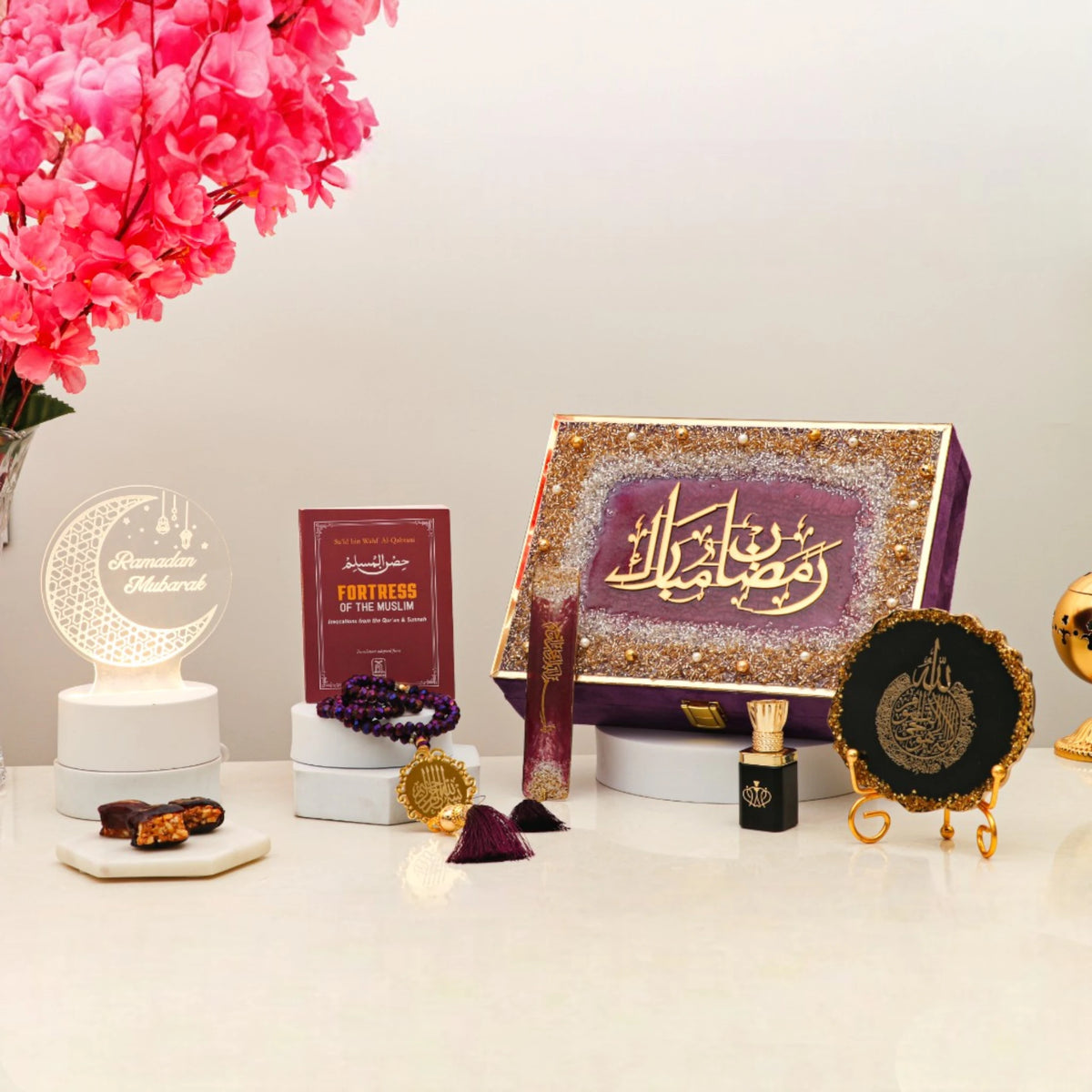 Purple Mubarak Moments Ramadan Gift Box featuring prayer essentials, ittar, and LED decor. Thoughtful gift hamper for Ramadan.