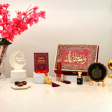 Red Mubarak Moments Ramadan Gift Box with ittar, tasbeeh, Islamic book, and LED decor. Perfect for Ramadan gifting and spiritual reflection.