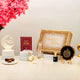 Mubarak Moments Ramadan Gift Box with Ayatul Kursi frame, prayer beads, ittar, and Ramadan Mubarak LED lamp, ideal for festive faith gifts.