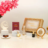 Elegant Mubarak Moments Ramadan Gift Box with Islamic prayer items and LED decor, perfect for Ramadan gifting and spiritual celebrations.