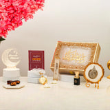 Ramadan Gift Box by Mubarak Moments featuring golden Islamic calligraphy box, tasbeeh, prayer book, and spiritual essentials for Ramadan.