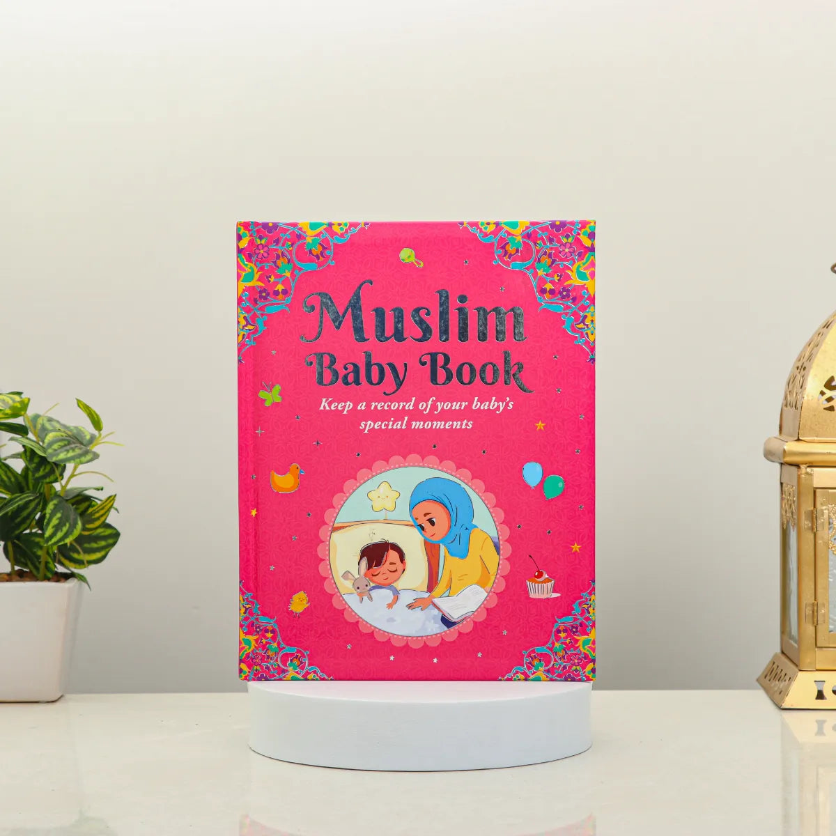 Muslim Baby Book - Keepsake for Memories | Inspiring Verses in vibrant pink cover, ideal for recording baby milestones and Quranic reflections. Main image