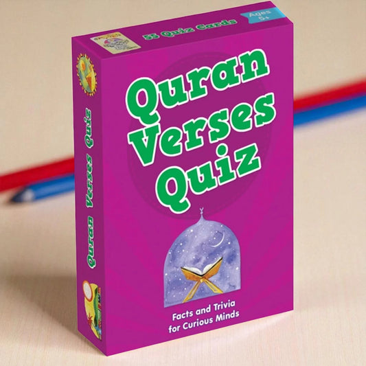 Purple 'Quran Verses Quiz' game box on a beige background