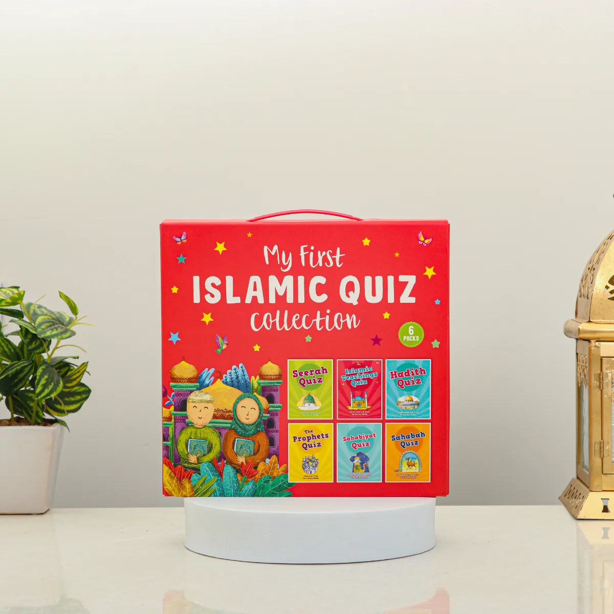 Islamic Quiz Cards Set - My First Quiz Collection | 6 Pack for kids aged 5+, featuring colorful educational flash cards in a red box. Main image
