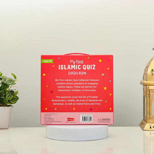 Back view of Islamic Quiz Cards Set - My First Quiz Collection | 6 Pack, detailing quiz topics like Hadith, Seerah, and Sahabah for kids.