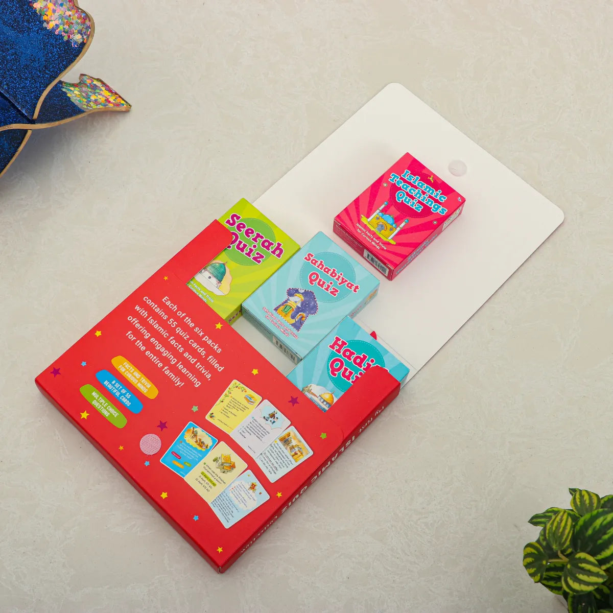 Open Islamic Quiz Cards Set - My First Quiz Collection | 6 Pack showing individual card boxes inside, perfect for educational play.