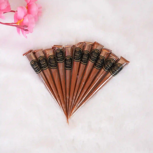 Full set of 12 Nail Mehndi Cones arranged in a fan shape, perfect for creating intricate temporary tattoo designs for EID and weddings.