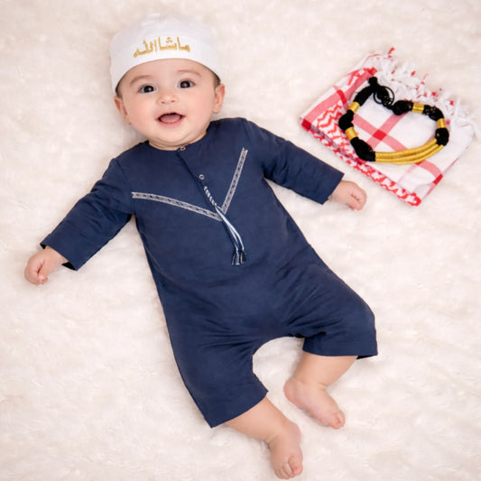 Navy Blue Omani Thobe Romper Set for Baby Boy
