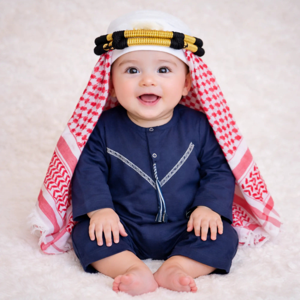 Baby boy in traditional attire with red and white headscarf