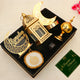 Premium Nazakat Luxury Ramadan Hamper with crescent moon lamp, lantern, bakhoor burner, and greeting card in a velvet tray, perfect for Ramadan gifts.