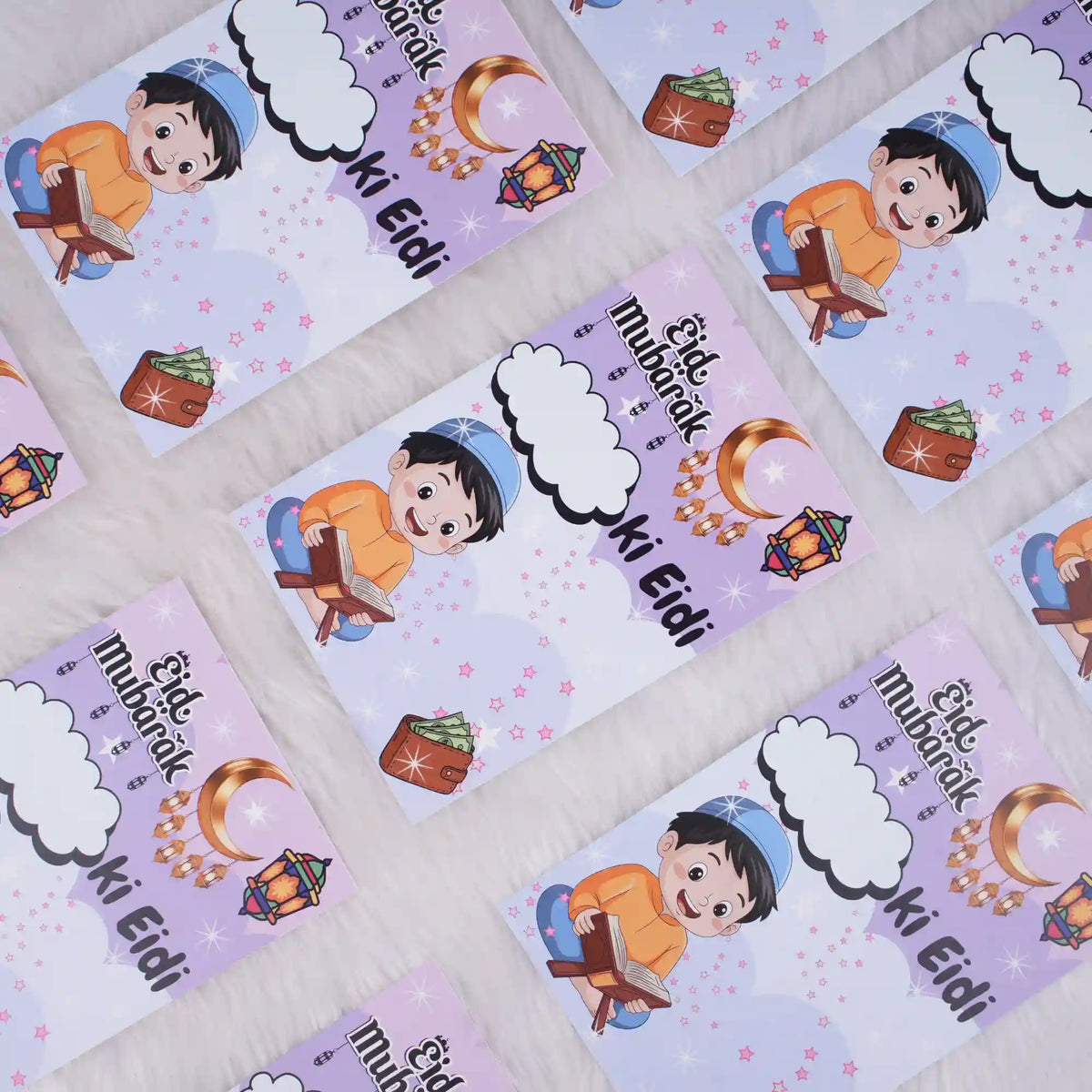 Multiple purple Eid Mubarak Eidi cards for boys scattered on a fluffy surface, featuring a cartoon boy reading, a crescent moon, and a wallet.