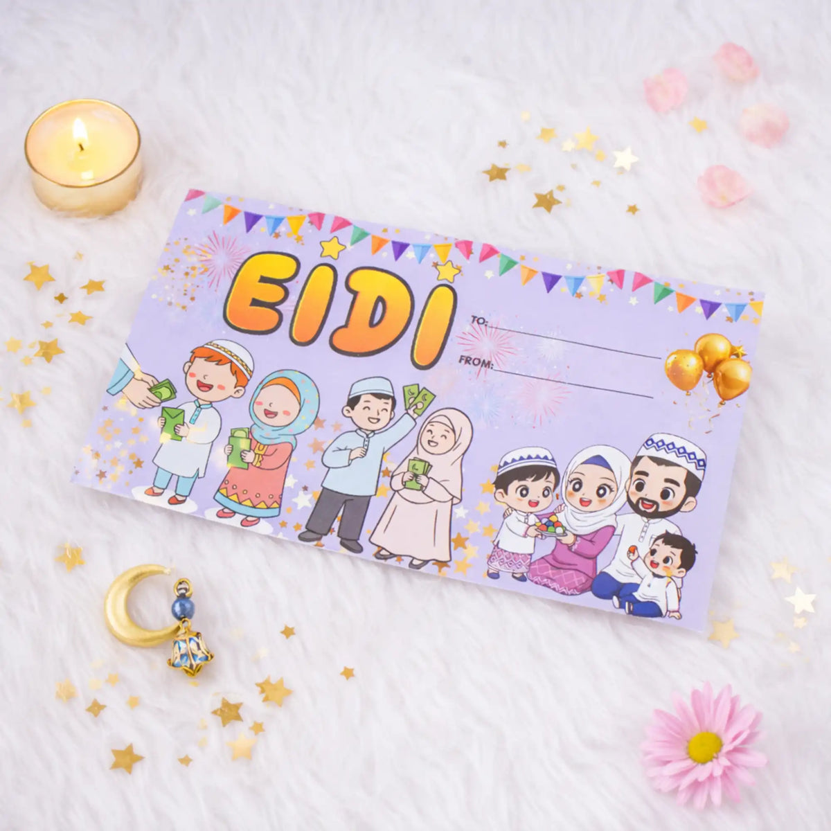 A single light purple Eidi gift envelope featuring the word 'EIDI' in bold yellow letters and cartoon illustrations of a Muslim family celebrating. The envelope is displayed on a soft white faux fur surface, styled with a lit tea light candle, scattered golden star confetti, a crescent moon charm, and a pink flower.