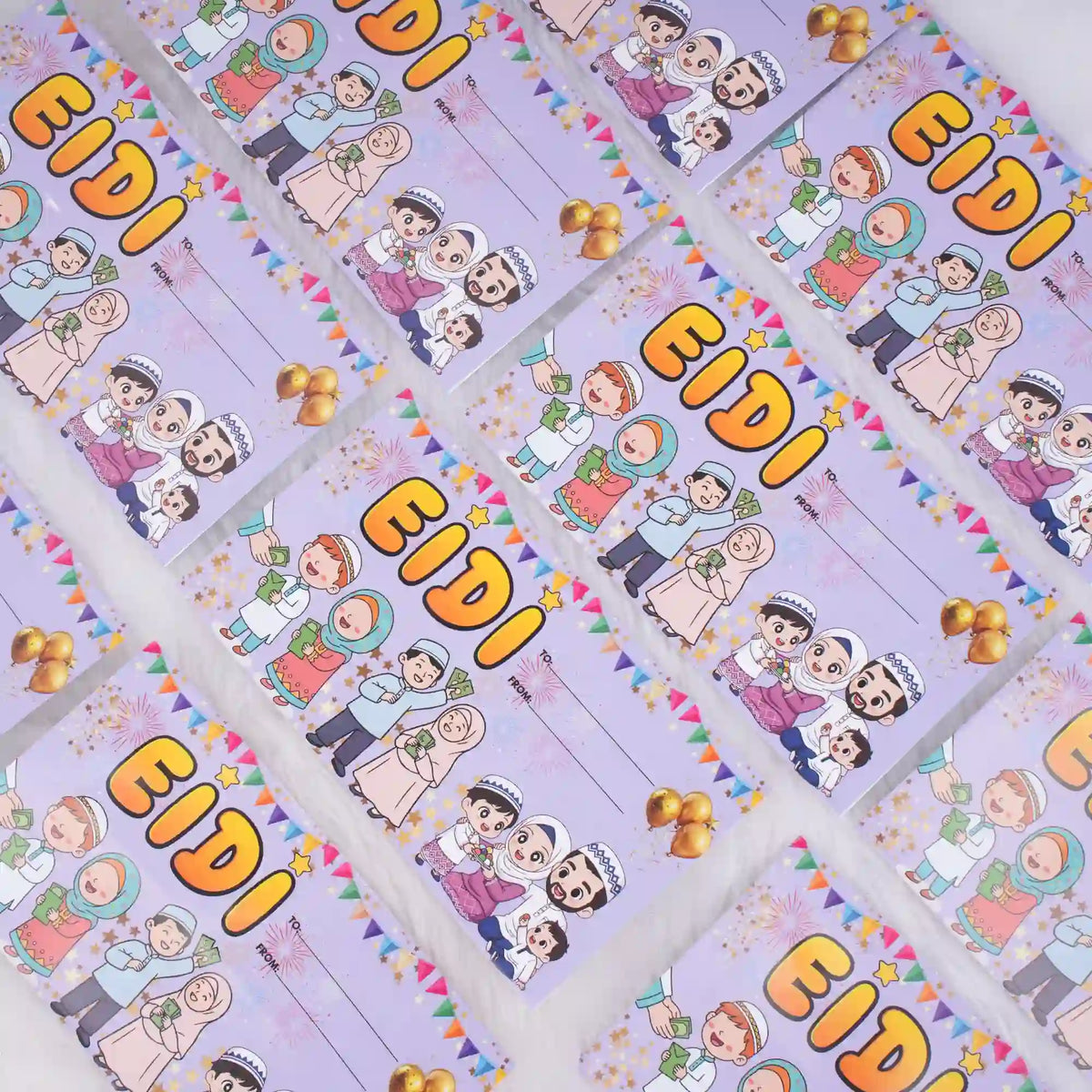 A scattered arrangement of purple Eidi gift envelopes decorated with festive bunting, golden stars, and cheerful cartoon illustrations of a Muslim family celebrating Eid.