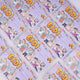 A scattered arrangement of purple Eidi gift envelopes decorated with festive bunting, golden stars, and cheerful cartoon illustrations of a Muslim family celebrating Eid.