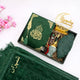 Taqwa Ramadan Men's Hamper in emerald green, featuring a velvet Kaaba Quran, patterned kufi, bakhoor burner, attar, digital tasbeeh, Ramadan Mubarak stand, and a matching green velvet janamaz.