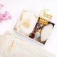 Taqwa Ramadan Men's Hamper in elegant white, featuring a velvet Kaaba Quran, patterned kufi, bakhoor burner, attar, digital tasbeeh, Ramadan Mubarak stand, and a matching cream velvet prayer mat.