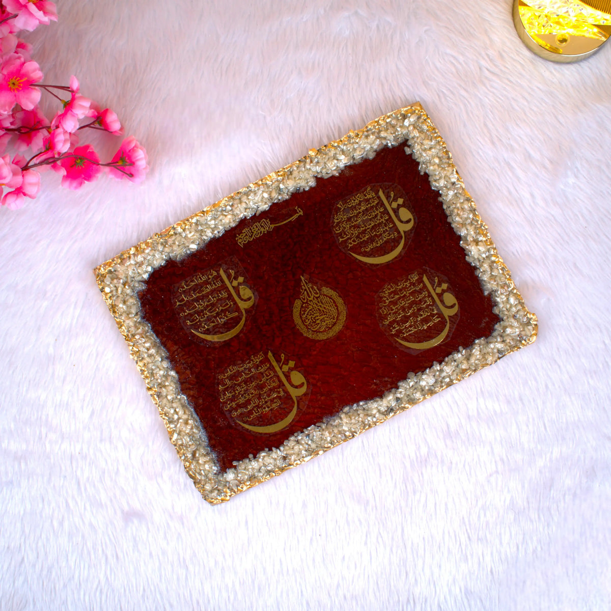 Red Stone Islamic Frame with Ayatul Kursi and 4 Qul Surahs in golden calligraphy, bordered with crystal stones, ideal for home decor and gifts.