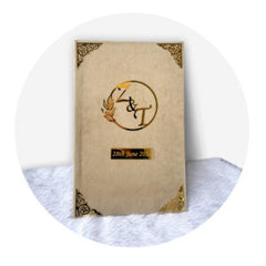 Personalized Barkat-e-Nikah Sawab-e-Jariya gift set with initials and date on offwhite velvet cover, ideal for Nikkah ceremonies and bridal gifting.