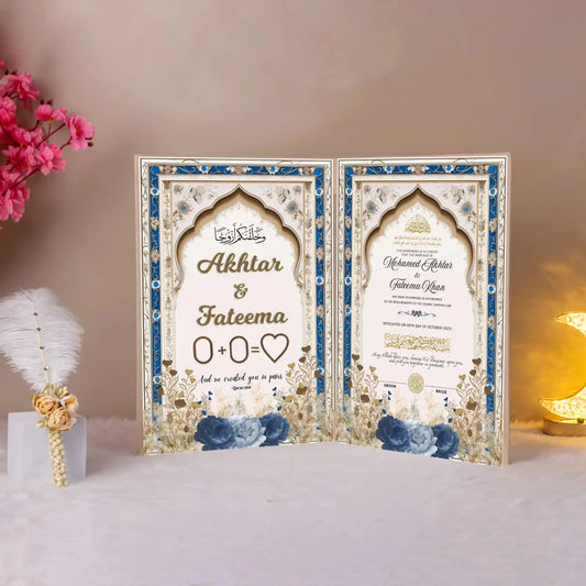 Noor-e-Aasmaan Nikah Nama featuring elegant blue and gold floral design with personalized names and Islamic motifs, ideal for Nikah ceremonies.