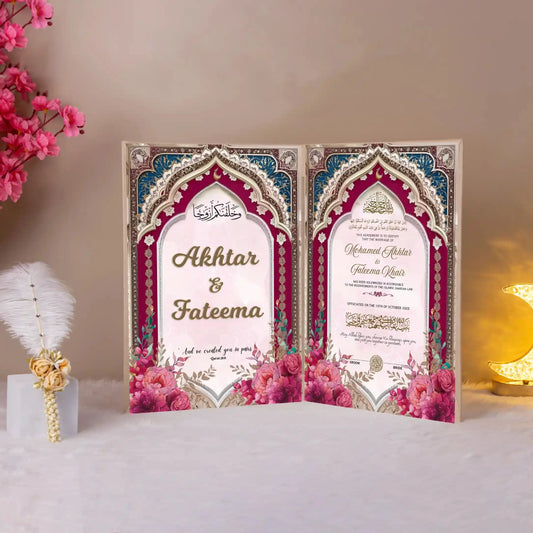 Elegant Noor-e-Lail Nikah Nama booklet featuring personalized names and ornate Islamic design, perfect for wedding ceremonies.