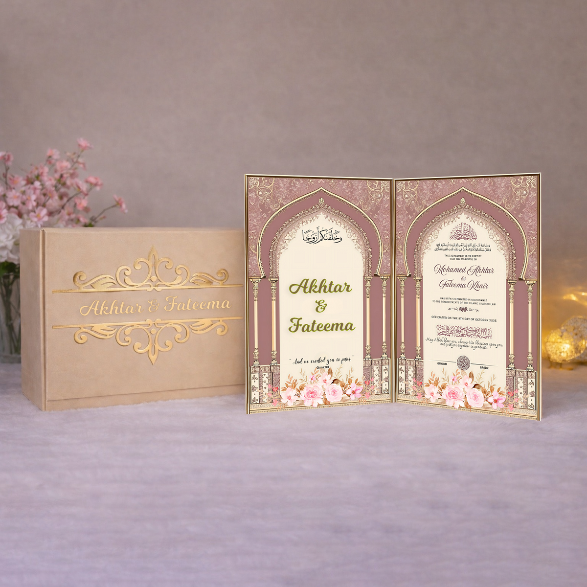 Nikah Nama Hamper with floral design and gold accents
