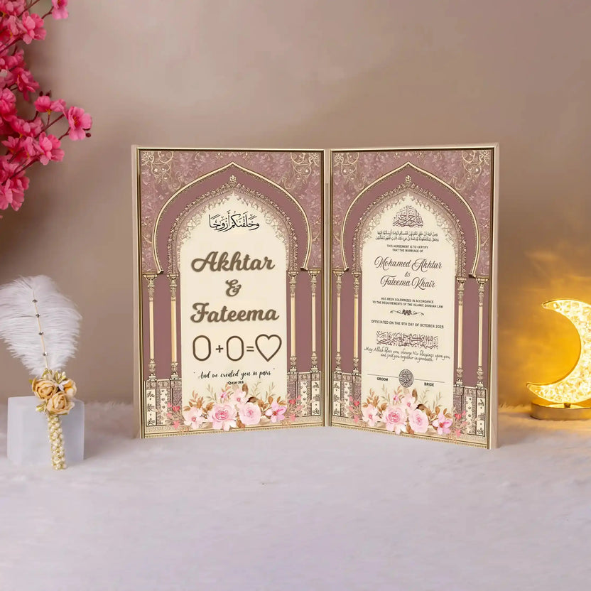 Noor-e-Zahabi Nikah Nama in radiant gold and blush tones with floral accents, ideal for Islamic wedding ceremonies and bridal gifts. Main image