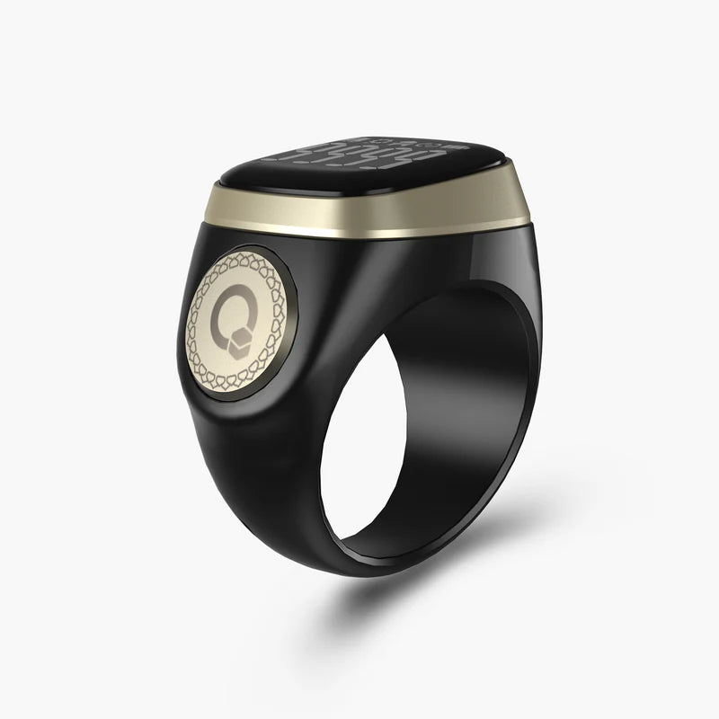 Angled view of black Noor Zikr Ring 2.0 highlighting modern design and app-integrated tasbeeh button.