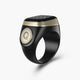 Angled view of black Noor Zikr Ring 2.0 highlighting modern design and app-integrated tasbeeh button.