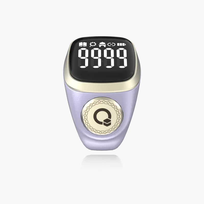 Noor Zikr Ring 2.0 in lavender color with digital display and side button, perfect for smart tasbeeh tracking.