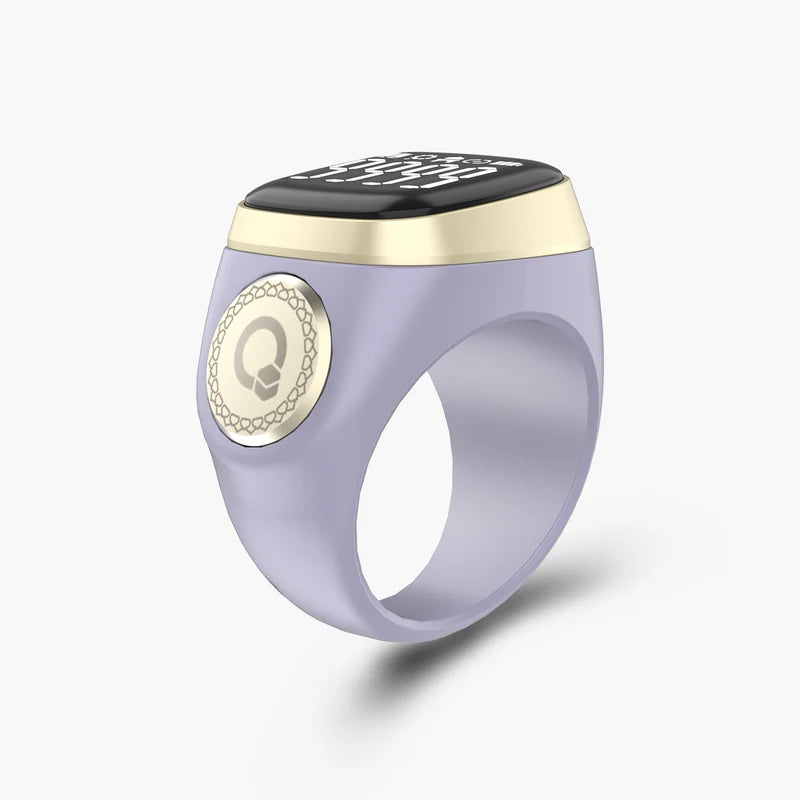 Side view of lavender Noor Zikr Ring 2.0 highlighting ergonomic design and smart tasbeeh button.